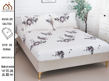 HUSE DE PAT CU ELASTIC - Husa cu Elastic si Fete de Perna Bumbac Satinat 180x200cm - Trandafiri Gri