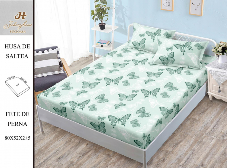 Huse De Pat BS 180x200cm - Husa cu Elastic si Fete de Perna Bumbac Satinat 180x200cm - Verde Pal Cu Fluturasi