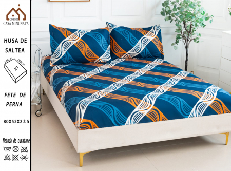 HUSE DE PAT CU ELASTIC - Husa cu Elastic si Fete de Perna Bumbac Satinat 180x200cm - Dungi Si Valuri