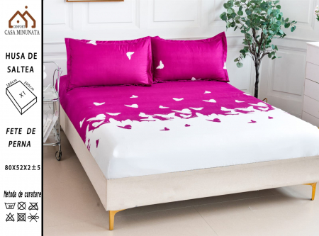 HUSE DE PAT CU ELASTIC - Husa cu Elastic si Fete de Perna Bumbac Satinat 180x200cm - Fluturi Roz