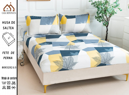 HUSE DE PAT CU ELASTIC - Husa cu Elastic si Fete de Perna Bumbac Satinat 180x200cm - Frunze