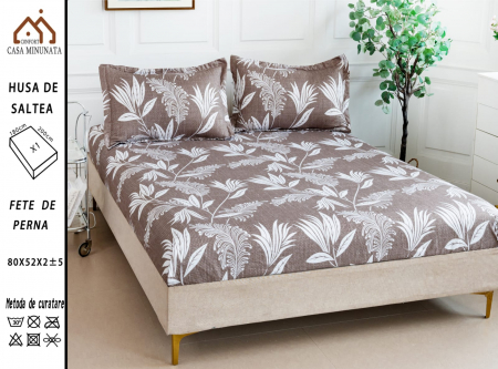 HUSE DE PAT CU ELASTIC - Husa cu Elastic si Fete de Perna Bumbac Satinat 180x200cm - Maro Frunze