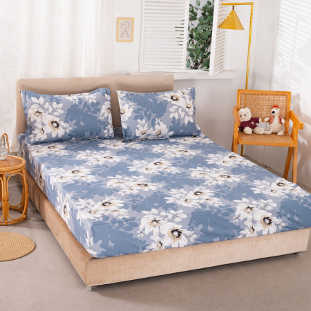 HUSE DE PAT CU ELASTIC - Husa cu Elastic si Fete de Perna Bumbac Satinat - Bleu