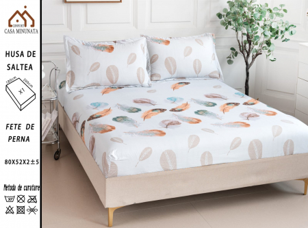 HUSE DE PAT CU ELASTIC - Husa cu Elastic si Fete de Perna Bumbac Satinat 180x200cm - Pene Colorate