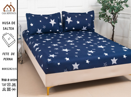 HUSE DE PAT CU ELASTIC - Husa cu Elastic si Fete de Perna Bumbac Satinat 180x200cm - Stele