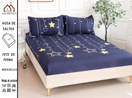 HUSE DE PAT CU ELASTIC - Husa cu Elastic si Fete de Perna Bumbac Satinat 180x200cm - Stele Cazatoare