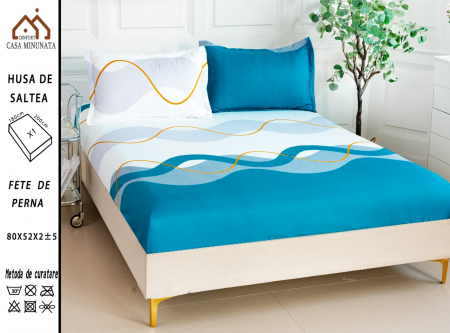 HUSE DE PAT CU ELASTIC - Husa cu Elastic si Fete de Perna Bumbac Satinat 180x200cm - Valuri