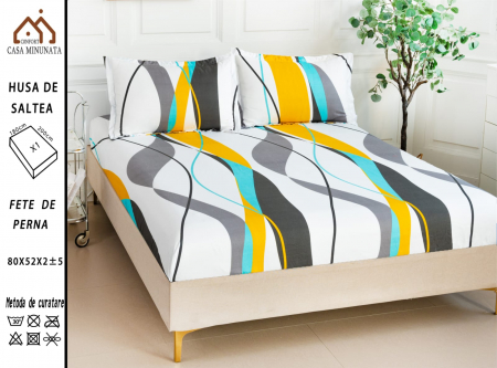 HUSE DE PAT CU ELASTIC - Husa cu Elastic si Fete de Perna Bumbac Satinat 180x200cm - Waves