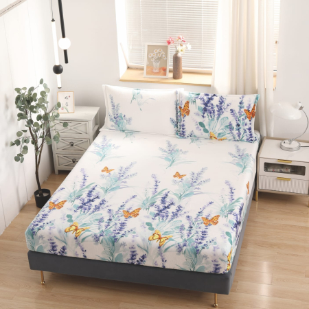 HUSE DE PAT CU ELASTIC - Husa cu Elastic si Fete de Perna Cocolino 180x200cm - Alb Cu Fluturasi