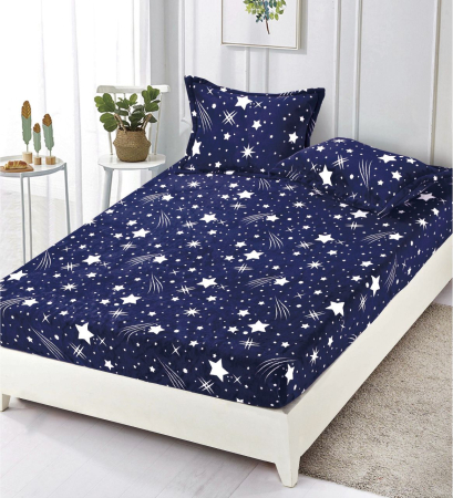 HUSE DE PAT CU ELASTIC - Husa cu Elastic si Fete de Perna Cocolino 180x200cm - Blue With Stars