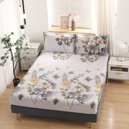 HUSE DE PAT CU ELASTIC - Husa cu Elastic si Fete de Perna Cocolino 180x200cm - Gri Cu Flori