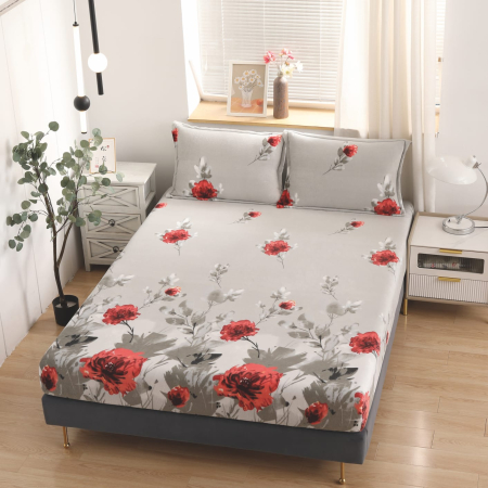 HUSE DE PAT CU ELASTIC - Husa cu Elastic si Fete de Perna Cocolino 180x200cm - Gri Cu Flori De Mac