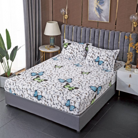 HUSE DE PAT CU ELASTIC - Husa cu Elastic si Fete de Perna Cocolino 180x200cm - Gri Cu Fluturi