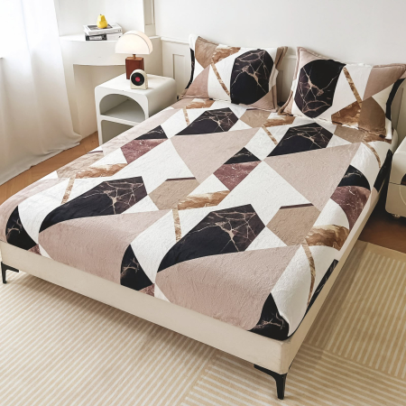 Huse De Pat Cocolino - Husa cu Elastic si Fete de Perna Cocolino - Bej Cu Forme Geometrice