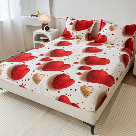 Huse De Pat Cocolino - Husa cu Elastic si Fete de Perna Cocolino -Crem Cu Inimioare Rosii