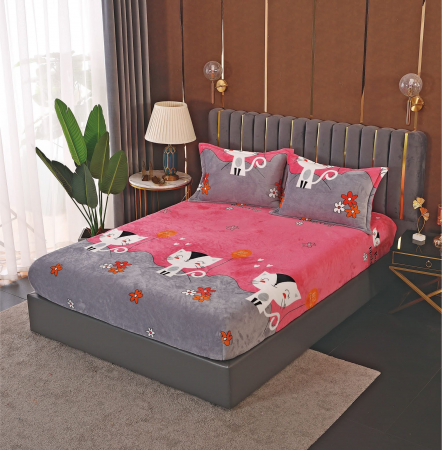 Huse De Pat Cocolino - Husa cu Elastic si Fete de Perna Cocolino 180x200cm - Roz Cu Pisicute