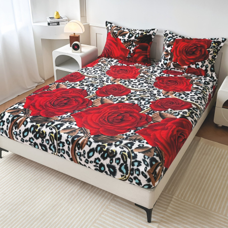 HUSE DE PAT CU ELASTIC - Husa cu Elastic si Fete de Perna Cocolino - Trandafiri Si Leopard