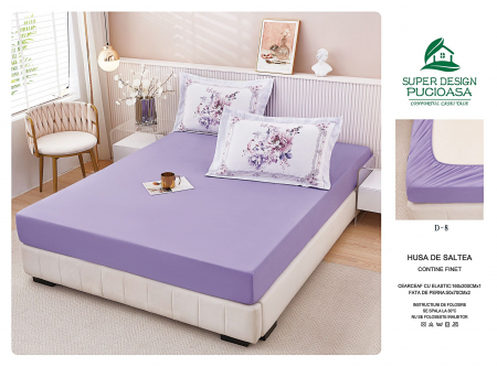 HUSE DE PAT CU ELASTIC - Husa Cu Elastic Si Fete De Perna Cu Model Floral Din Finet 160x200cm - Lila By Flowers