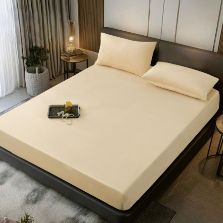 HUSE DE PAT CU ELASTIC - Husa cu Elastic si Fete de Perna Din Catifea 180x200cm - Crem