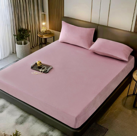 HUSE DE PAT CU ELASTIC - Husa cu Elastic si Fete de Perna Din Catifea 180x200cm - Roz Pudra