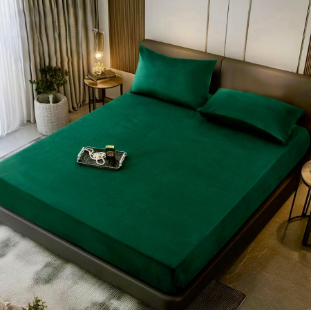 HUSE DE PAT CU ELASTIC - Husa cu Elastic si Fete de Perna Din Catifea 180x200cm - Verde