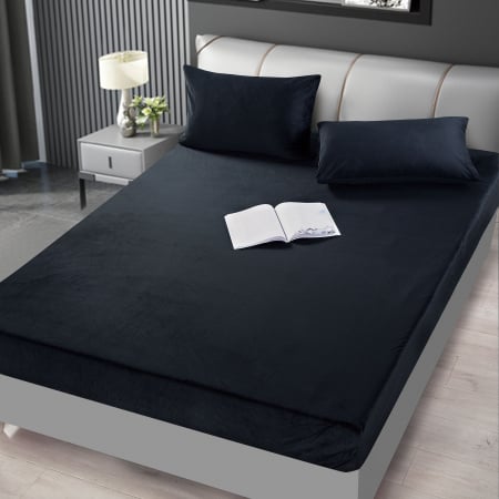 HUSE DE PAT CU ELASTIC - Husa cu Elastic si Fete de Perna Din Catifea 180x200cm - Negru