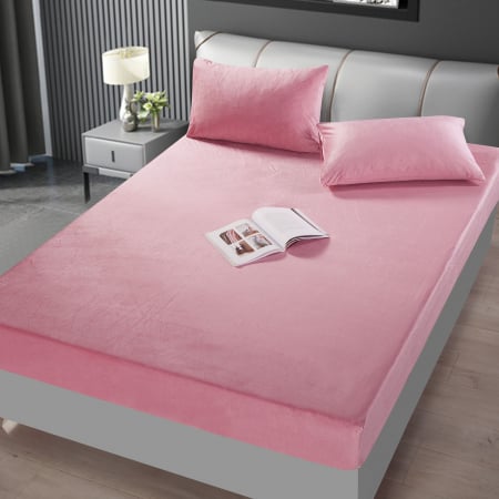 HUSE DE PAT CU ELASTIC - Husa cu Elastic si Fete de Perna Din Catifea 180x200cm - Roz