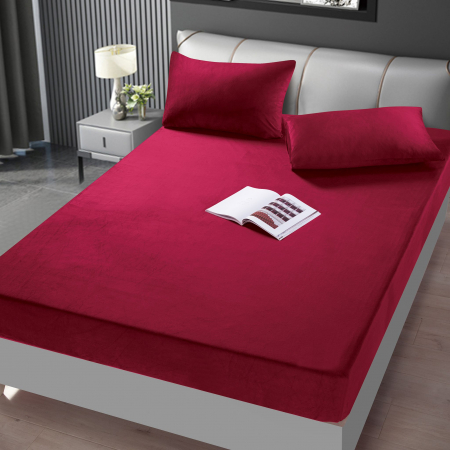 HUSE DE PAT CU ELASTIC - Husa cu Elastic si Fete de Perna Din Catifea 180x200cm - Rosu Zmeura