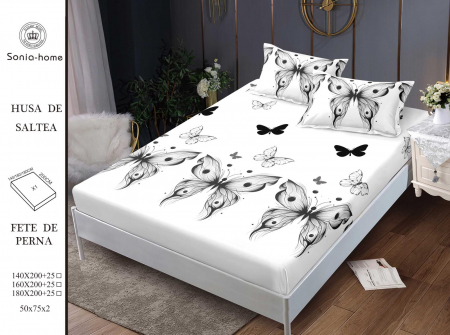 HUSE DE PAT CU ELASTIC - Husa cu Elastic si Fete de Perna Din Finet 140x200cm - Alb Cu Fluturasi Negri