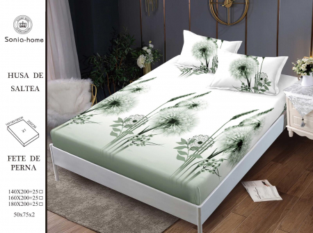 HUSE DE PAT CU ELASTIC - Husa cu Elastic si Fete de Perna Din Finet 140x200cm - Alb Cu Papadii Verzi