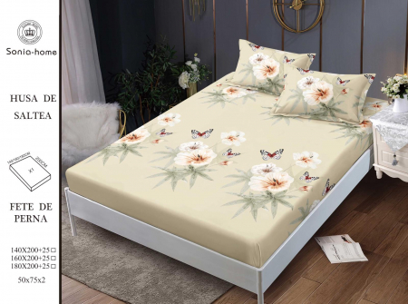 HUSE DE PAT CU ELASTIC - Husa cu Elastic si Fete de Perna Din Finet 140x200cm - Crem Cu Crini Si Fluturasi