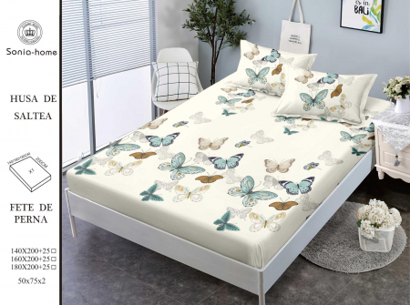 HUSE DE PAT CU ELASTIC - Husa cu Elastic si Fete de Perna Din Finet 140x200cm - Crem Cu Fluturasi Multicolor