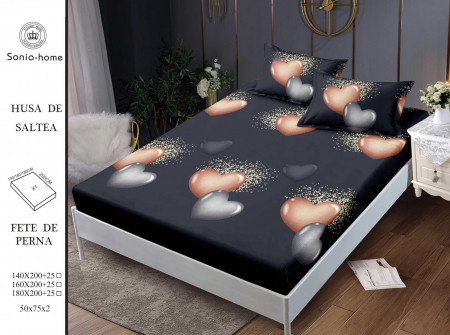 HUSE DE PAT CU ELASTIC - Husa cu Elastic si Fete de Perna Din Finet 140x200cm - Negru Cu Inimioare