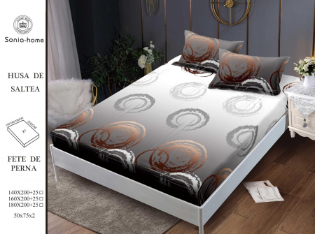 HUSE DE PAT CU ELASTIC - Husa cu Elastic si Fete de Perna Din Finet 160x200cm - Gri Abstract Cu Cercuri