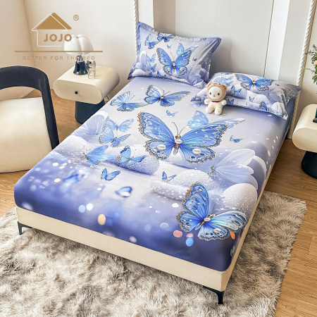 Huse De Pat Finet 180x200cm 5D - Husa cu Elastic si Fete de Perna Din Finet 180x200cm 5D - Fluturi Stralucitori