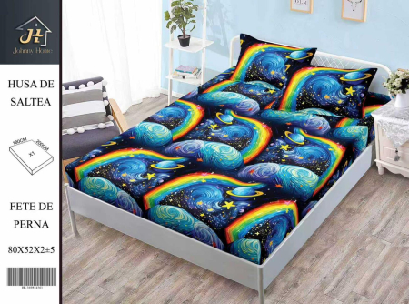 Huse De Pat Finet 180x200cm - Husa cu Elastic si Fete de Perna Din Finet 180x200cm 5D - Curcubeu In Spatiu