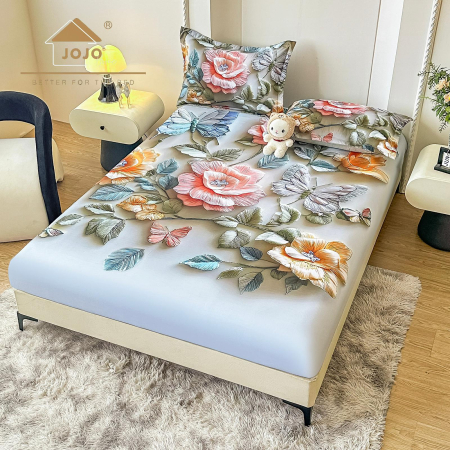 Huse De Pat Finet 180x200cm 5D - Husa cu Elastic si Fete de Perna Din Finet 180x200cm 5D - Fluturi Stralucitori