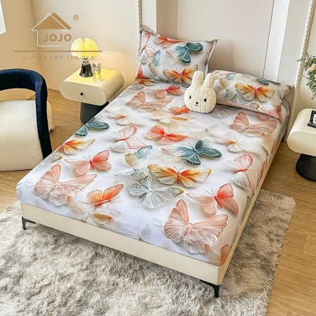 Huse De Pat Finet 180x200cm 5D - Husa cu Elastic si Fete de Perna Din Finet 180x200cm 5D - Fluturi Stralucitori