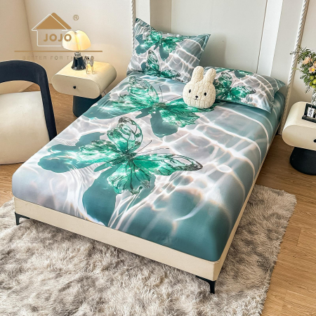 Huse De Pat Finet 180x200cm 5D - Husa cu Elastic si Fete de Perna Din Finet 180x200cm 5D - Fluturi Stralucitori