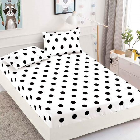 HUSE DE PAT CU ELASTIC - Husa cu Elastic si Fete de Perna Din Finet 180x200cm - Alb Cu Buline Negre