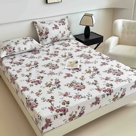 Huse De Pat Finet - Husa cu Elastic si Fete de Perna Din Finet 180x200cm - Alb Cu Trandafiri Visinii