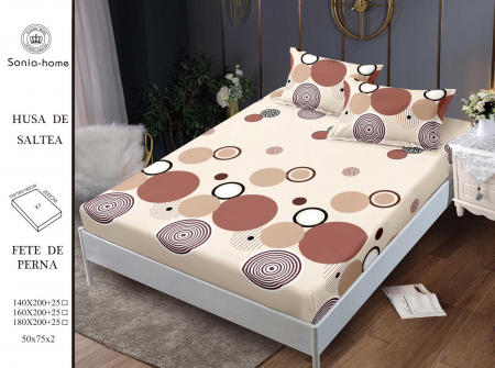 HUSE DE PAT CU ELASTIC - Husa cu Elastic si Fete de Perna Din Finet 180x200cm - Crem Cu Cerculete