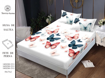 HUSE DE PAT CU ELASTIC - Husa cu Elastic si Fete de Perna Din Finet 180x200cm - Alb Cu Fluturasi