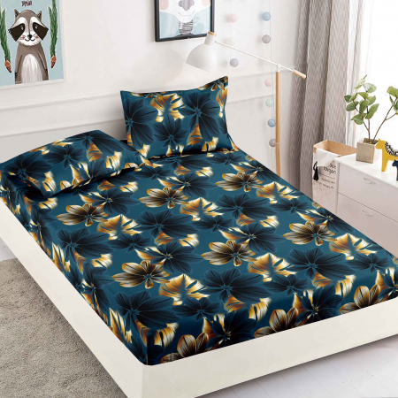 HUSE DE PAT CU ELASTIC - Husa cu Elastic si Fete de Perna Din Finet 180x200cm - Bleumarin Flori