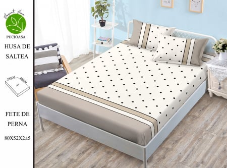 HUSE DE PAT CU ELASTIC - Husa cu Elastic si Fete de Perna Din Finet 180x200cm - Crem Cu Buline