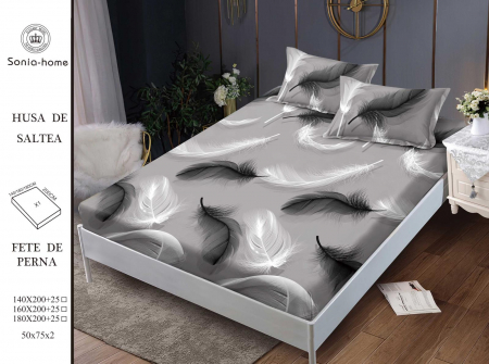 HUSE DE PAT CU ELASTIC - Husa cu Elastic si Fete de Perna Din Finet 180x200cm - Gri Cu Pene