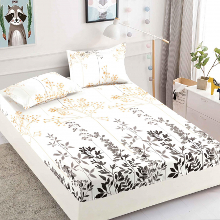 HUSE DE PAT CU ELASTIC - Husa cu Elastic si Fete de Perna Din Finet 180x200cm - Crem Cu Frunze