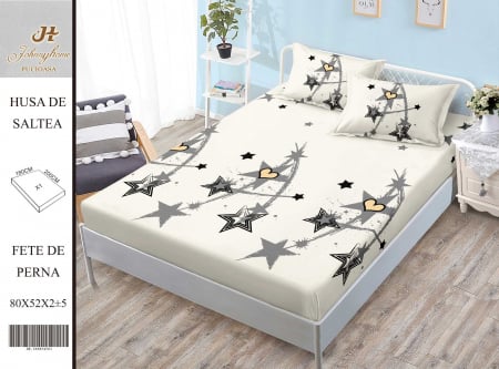 HUSE DE PAT CU ELASTIC - Husa cu Elastic si Fete de Perna Din Finet 180x200cm - Crem Cu Stelute Si Inimioare