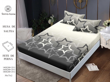 HUSE DE PAT CU ELASTIC - Husa cu Elastic si Fete de Perna Din Finet 180x200cm - Gri Cu Stelute