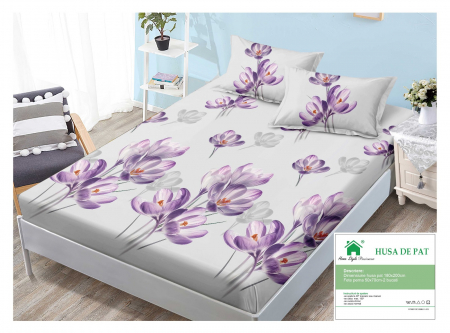 HUSE DE PAT CU ELASTIC - Husa cu Elastic si Fete de Perna Din Finet 180x200cm - Flori Lila